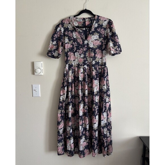 Laura Ashley Dresses & Skirts - Vintage 80s Laura Ashley Dress Medium Floral Midi V Neck Puff Sleeve Blue Pink